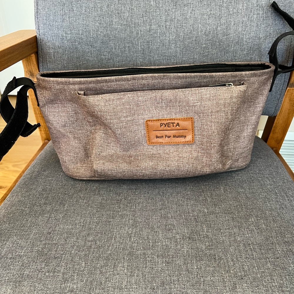 Heathered Beige stroller Bag with Black Strap and Zipper